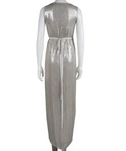 Diane Von Furstenberg Silver Sequin Embellished Sleeveless Yahzi Wrap Gown S For Women 8 Diane Von Furstenberg Silver Sequin Embellished Sleeveless Yahzi Wrap Gown S For Women -Diane Von Furstenberg shop luxury women diane von furstenberg used clothes p81388 003