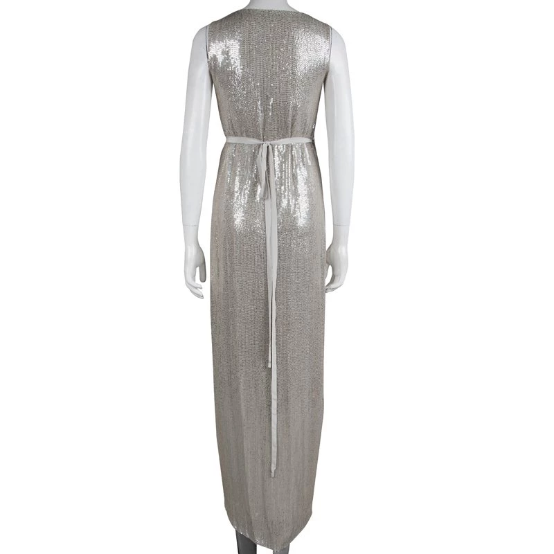 Diane Von Furstenberg Silver Sequin Embellished Sleeveless Yahzi Wrap Gown S For Women 3 Diane Von Furstenberg Silver Sequin Embellished Sleeveless Yahzi Wrap Gown S For Women - Image 3
