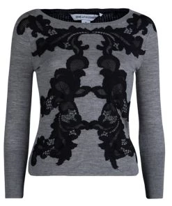 Diane Von Furstenberg Grey Floral Lace Applique Detail Shara Sweater XS For Women