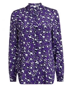 Diane Von Furstenberg Purple Printed Silk Long Sleeve Gilmore Blouse M For Women