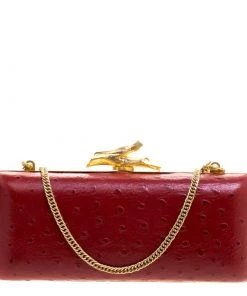 Diane Von Furstenberg Red Ostrich Embossed Leather Long Lytton Clutch For Women