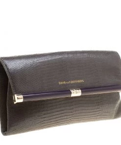 Diane Von Furstenberg Grey Lizard Embossed Leather Envelope Clutch For Women -Diane Von Furstenberg shop luxury women diane von furstenberg used handbags p142800 0003
