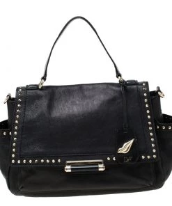Diane Von Furstenberg Black Studded Leather Faceted Top Handle Bag For Women
