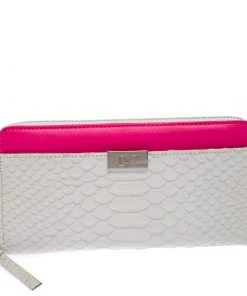 Diane Von Furstenberg White Python Embossed Leather Zip Around Wallet For Women
