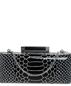 Diane Von Furstenberg Black/White Python Effect Patent Leather Tonda Chain Clutch For Women