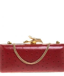 Diane Von Furstenberg Red Ostrich Embossed Leather Tonda Clutch For Women