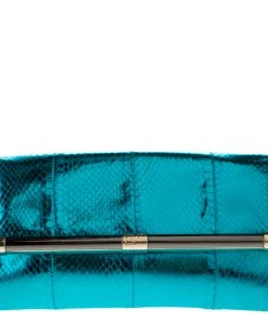 Diane Von Furstenberg Metallic Turquoise Snake Effect Leather Clutch For Women