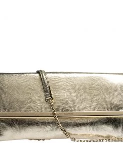 Diane Von Furstenberg Metallic Gold Lizrad Embossed Leather Chain Clutch For Women