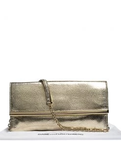 Diane Von Furstenberg Metallic Gold Lizrad Embossed Leather Chain Clutch For Women -Diane Von Furstenberg shop luxury women diane von furstenberg used handbags p280776 006