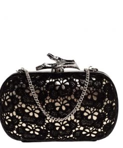 Diane Von Furstenberg Black/Gold Lace And Patent Leather Sphere Chain Clutch For Women