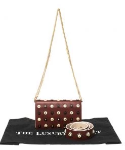 Diane Von Furstenberg Burgundy Leather Studded Flap Shoulder Bag For Women -Diane Von Furstenberg shop luxury women diane von furstenberg used handbags p358812 005