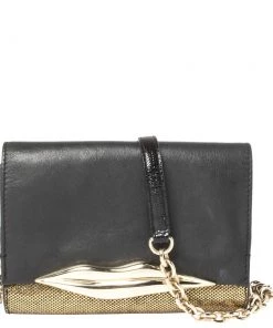 Diane Von Furstenberg Metallic Gold Fabric And Black Leather Flirty Lips Mini Crossbody Bag For Women
