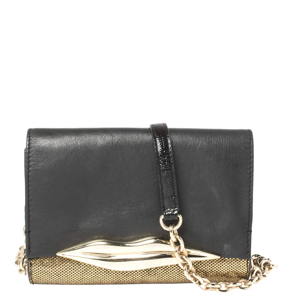 Diane Von Furstenberg Metallic Gold Fabric And Black Leather Flirty Lips Mini Crossbody Bag For Women 1 Diane Von Furstenberg Metallic Gold Fabric And Black Leather Flirty Lips Mini Crossbody Bag For Women