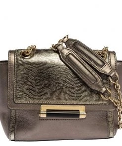 Diane Von Furstenberg Metallic Grey Lizard Embossed Leather And Leather Mini 440 Shoulder Bag For Women