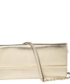 Diane Von Furstenberg Metallic Gold Lizard Embossed Leather Chain Clutch For Women