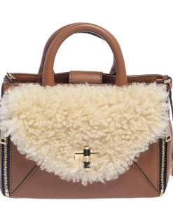 Diane Von Furstenberg Brown Leather And Cream Shearling Fur Mini Secret Agent Tote For Women