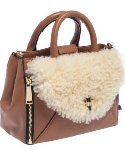 Diane Von Furstenberg Brown Leather And Cream Shearling Fur Mini Secret Agent Tote For Women -Diane Von Furstenberg shop luxury women diane von furstenberg used handbags p454966 008