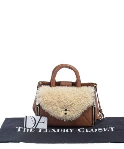 Diane Von Furstenberg Brown Leather And Cream Shearling Fur Mini Secret Agent Tote For Women -Diane Von Furstenberg shop luxury women diane von furstenberg used handbags p454966 009
