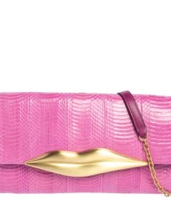 Diane Von Furstenberg Pink Snakeskin And Leather Carolina Lips Chain Clutch For Women