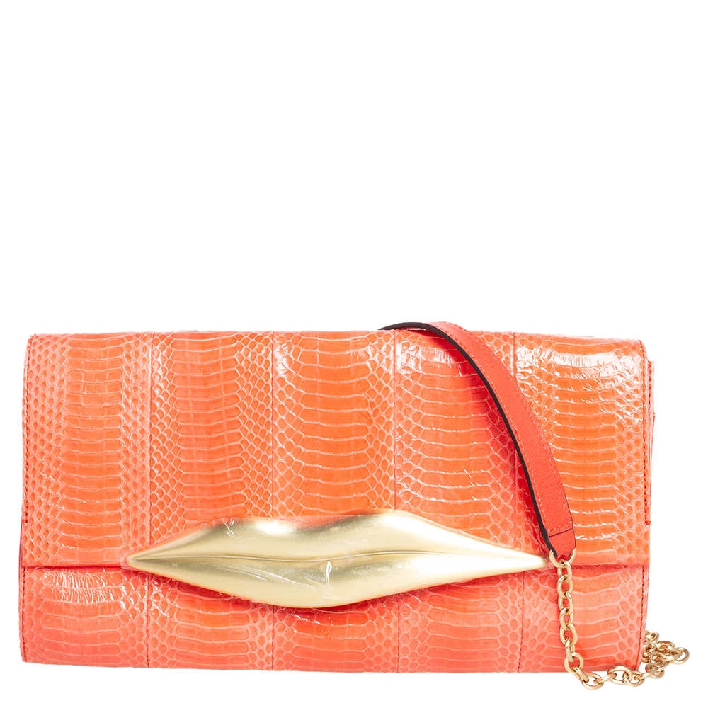Diane Von Furstenberg Orange Snakeskin Carolina Lips Crossbody Bag For Women 1 Diane Von Furstenberg Orange Snakeskin Carolina Lips Crossbody Bag For Women