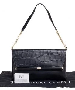 Diane Von Furstenberg Black Leather And Croc Embossed Leather Flap Shoulder Bag For Women 19 Diane Von Furstenberg Black Leather And Croc Embossed Leather Flap Shoulder Bag For Women -Diane Von Furstenberg shop luxury women diane von furstenberg used handbags p575825 006
