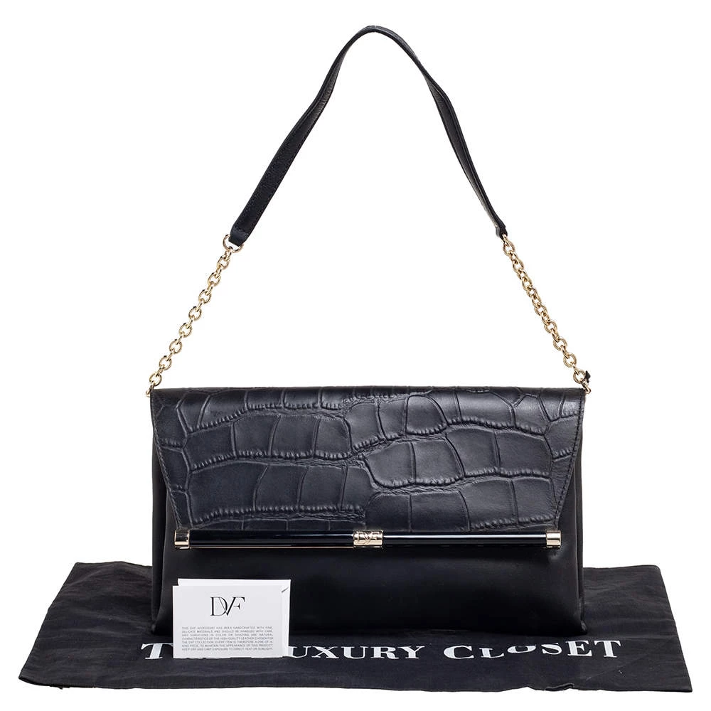 Diane Von Furstenberg Black Leather And Croc Embossed Leather Flap Shoulder Bag For Women 9 Diane Von Furstenberg Black Leather And Croc Embossed Leather Flap Shoulder Bag For Women - Image 9