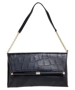 Diane Von Furstenberg Black Leather And Croc Embossed Leather Flap Shoulder Bag For Women