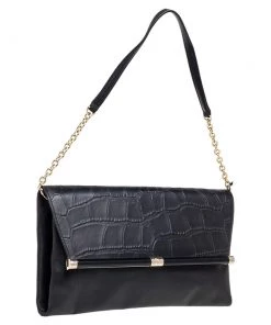 Diane Von Furstenberg Black Leather And Croc Embossed Leather Flap Shoulder Bag For Women 13 Diane Von Furstenberg Black Leather And Croc Embossed Leather Flap Shoulder Bag For Women -Diane Von Furstenberg shop luxury women diane von furstenberg used handbags p575825 009